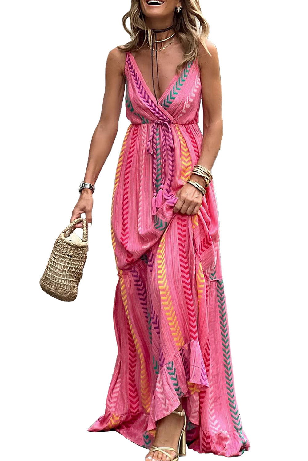 Pink Boho Tassel Tie V Neck Wrapped Maxi Dress