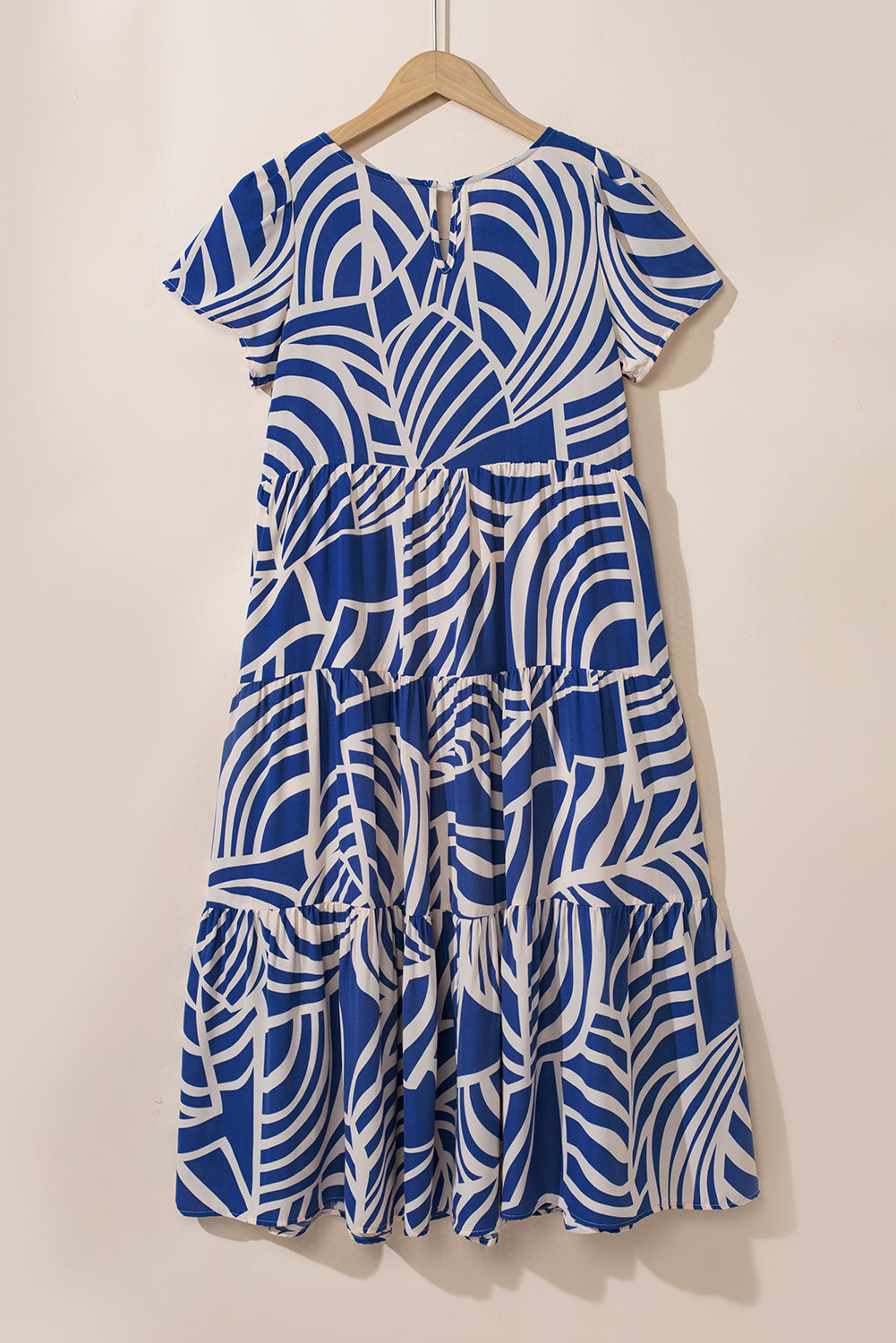 Sky Blue Boho Abstract Print Short Sleeve Flare Tiered Dress