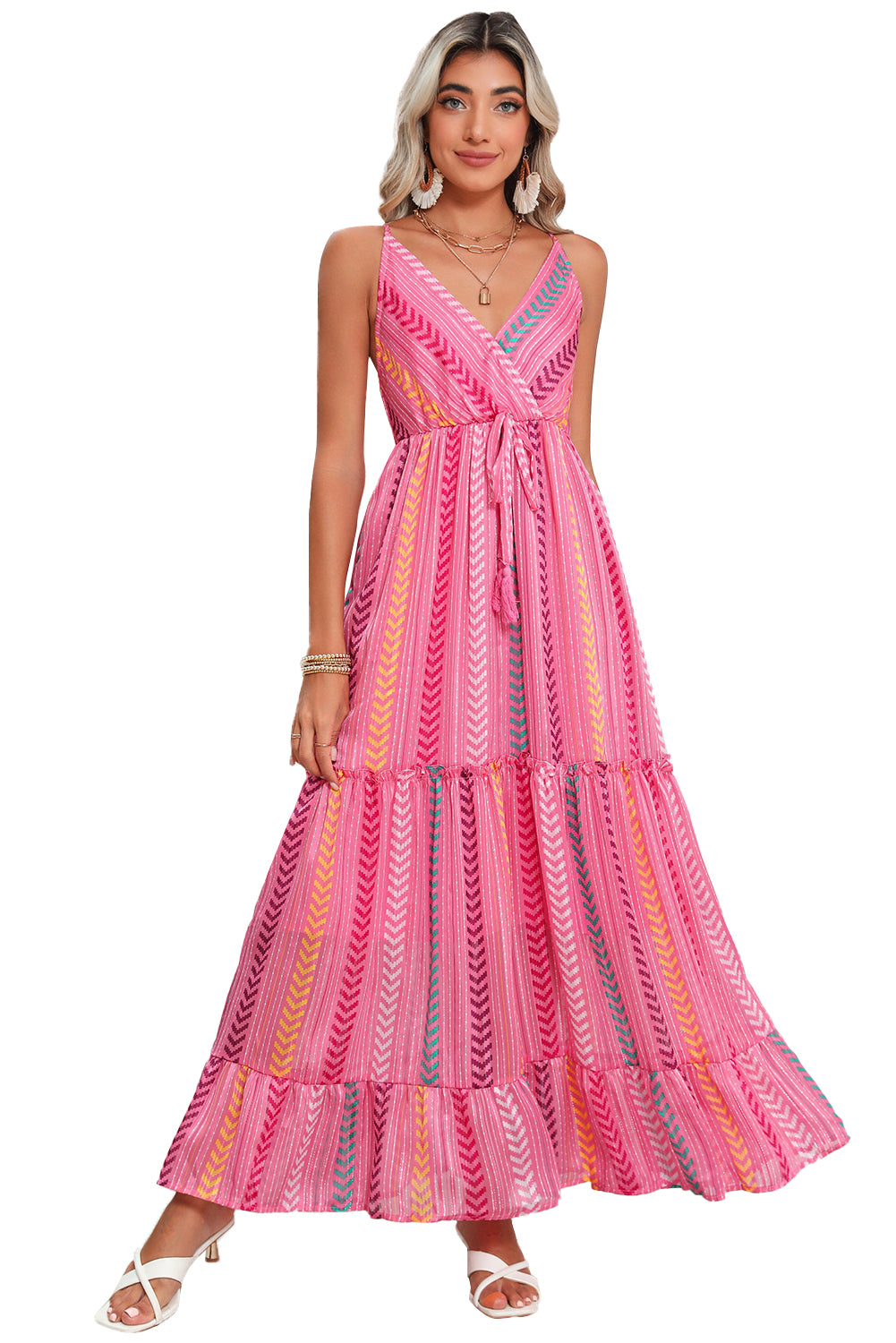 Pink Boho Tassel Tie V Neck Wrapped Maxi Dress