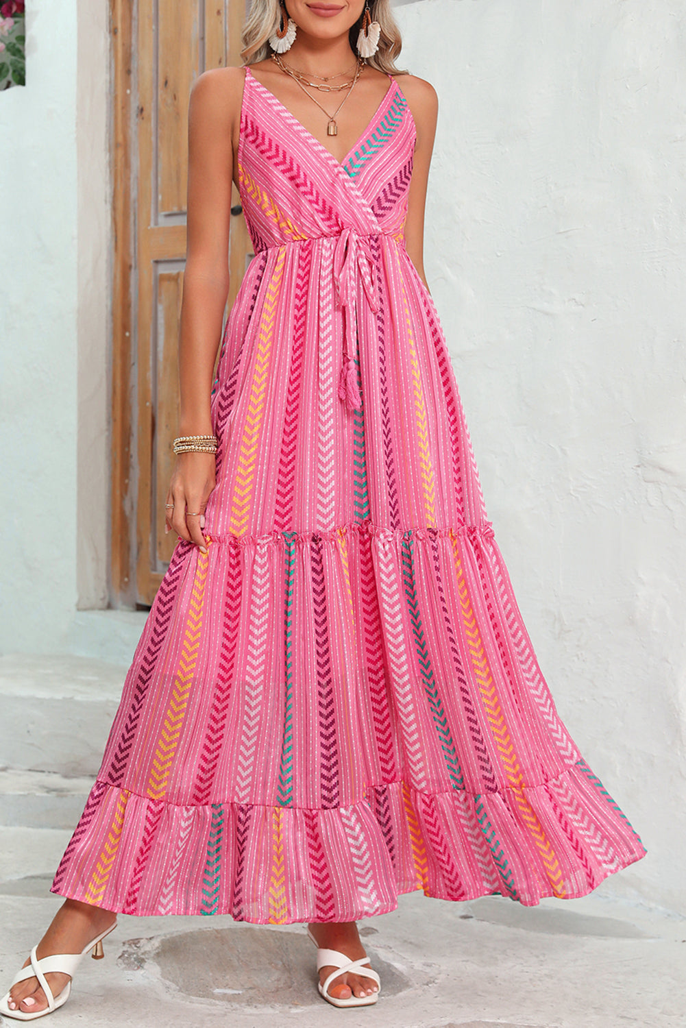 Pink Boho Tassel Tie V Neck Wrapped Maxi Dress