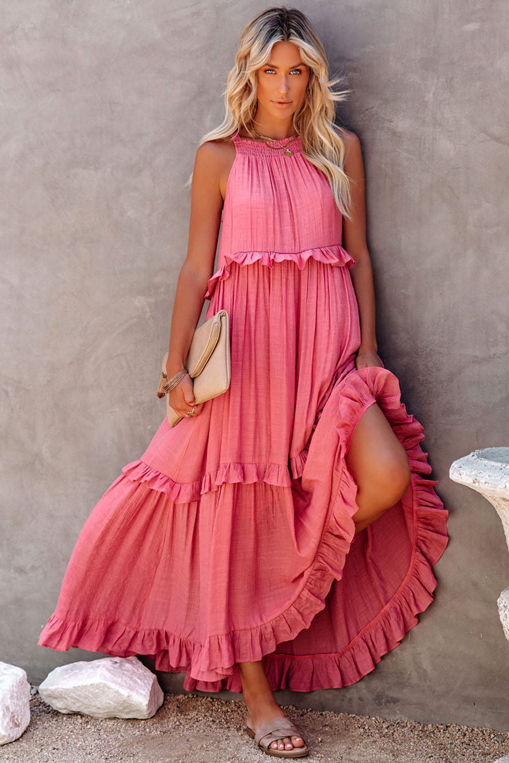 Orchid Petal Ruffle Hem Pleated Flowy Maxi Dress