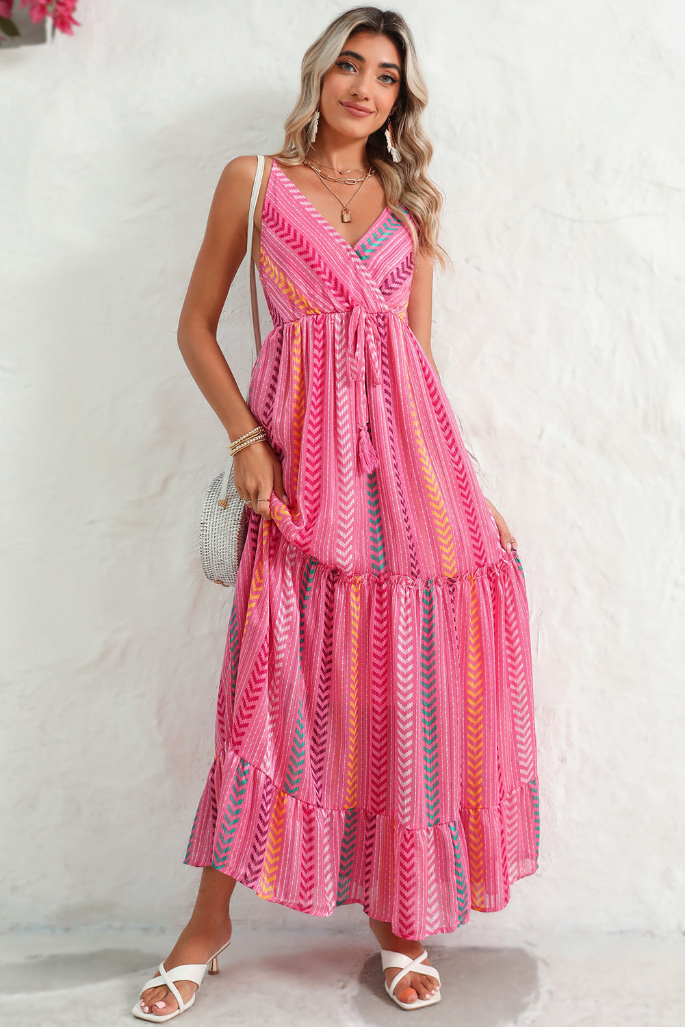 Pink Boho Tassel Tie V Neck Wrapped Maxi Dress