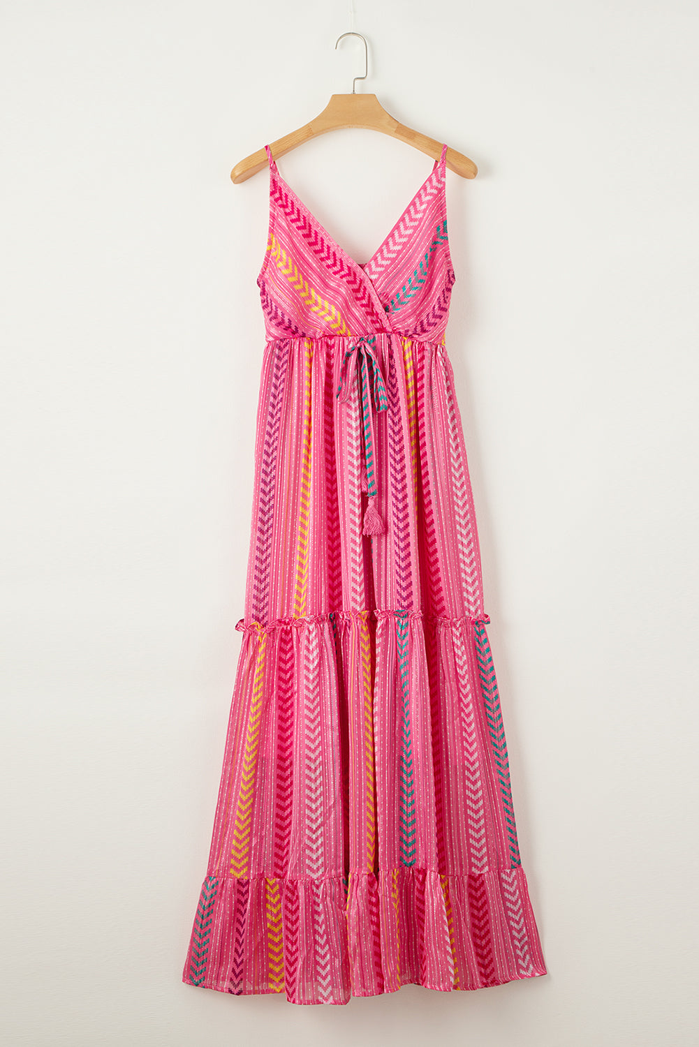 Pink Boho Tassel Tie V Neck Wrapped Maxi Dress