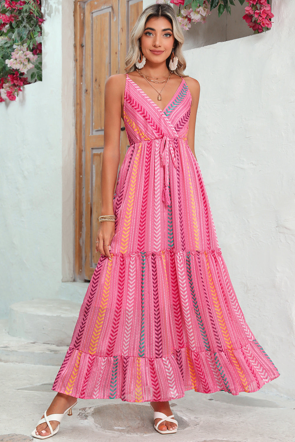 Pink Boho Tassel Tie V Neck Wrapped Maxi Dress