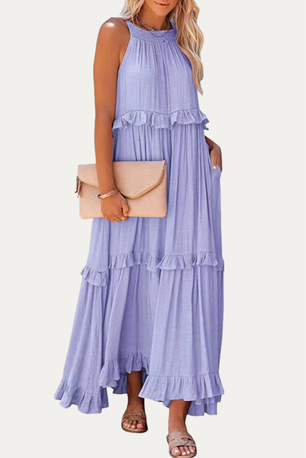 Orchid Petal Ruffle Hem Pleated Flowy Maxi Dress