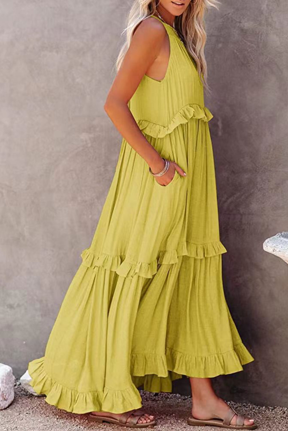 Orchid Petal Ruffle Hem Pleated Flowy Maxi Dress