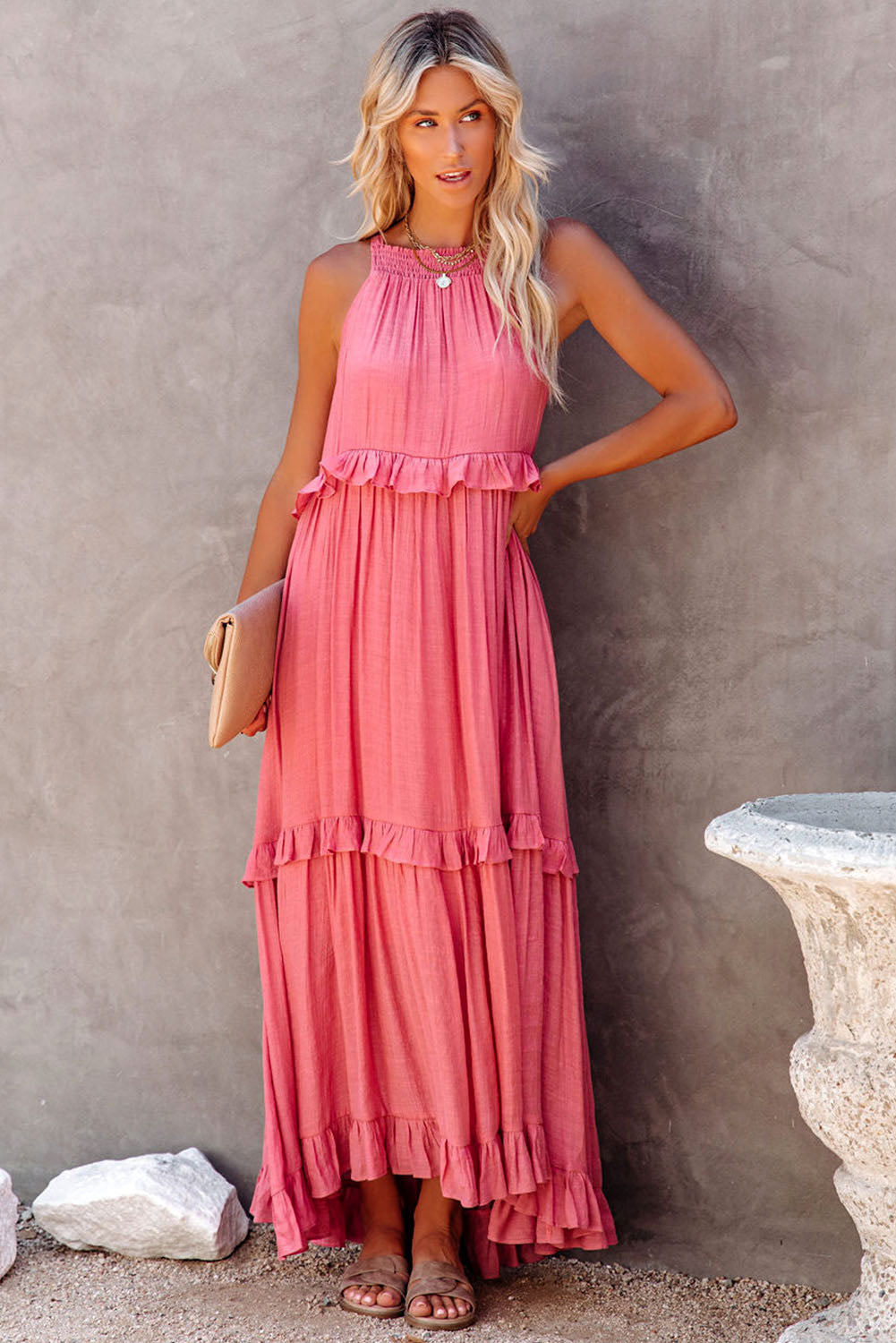 Orchid Petal Ruffle Hem Pleated Flowy Maxi Dress