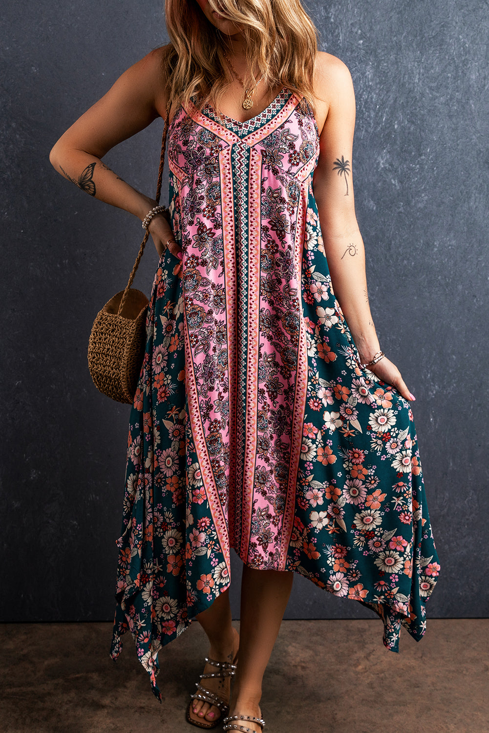 Pink Bohemian Floral Patchwork Print Midi Sundress