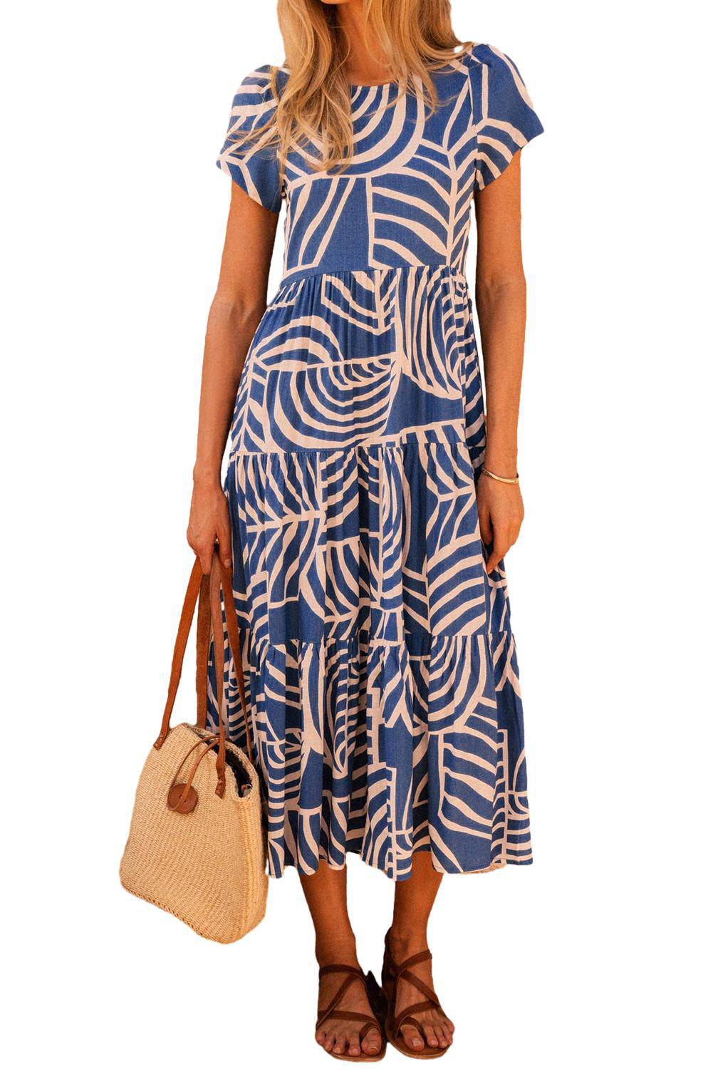 Sky Blue Boho Abstract Print Short Sleeve Flare Tiered Dress