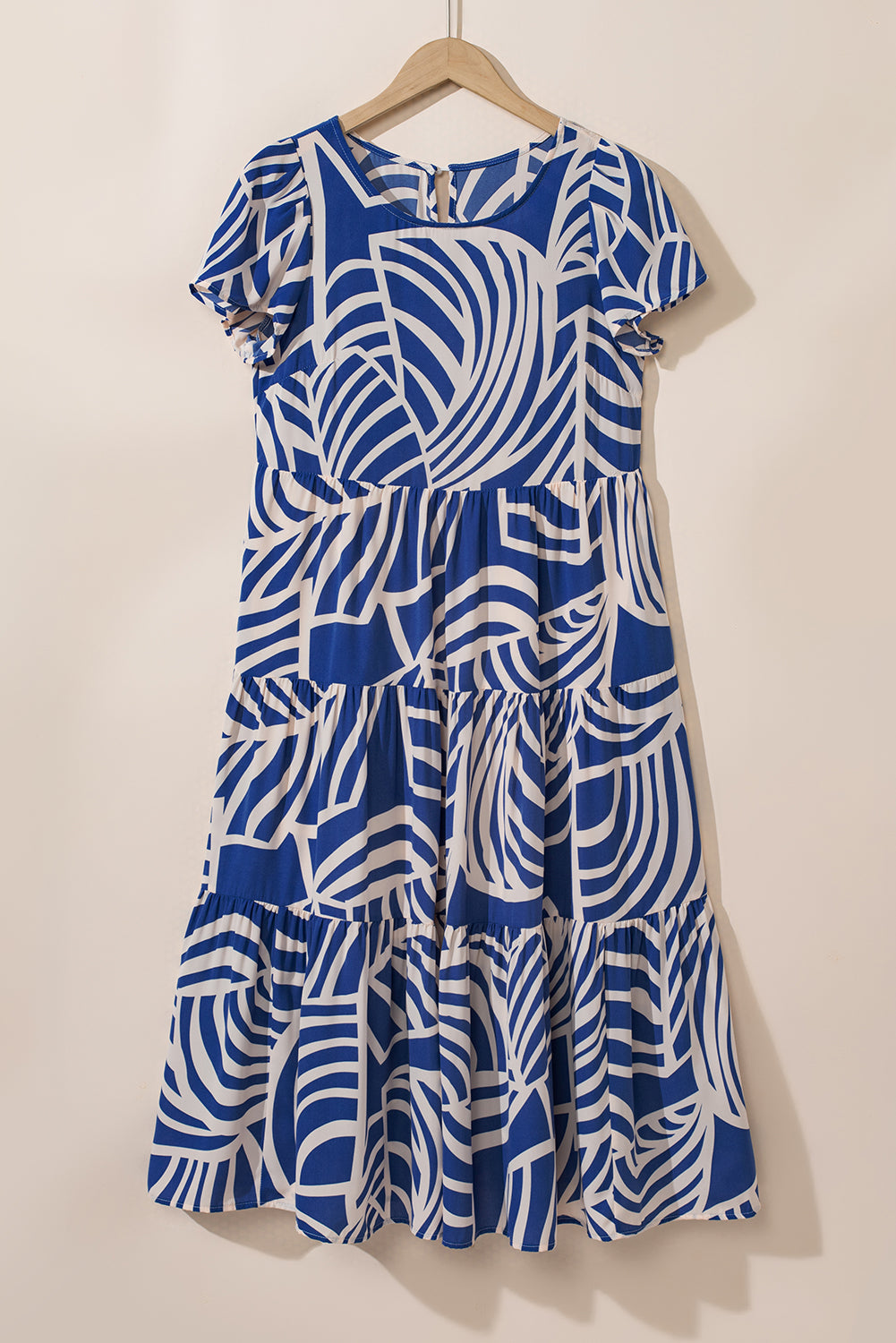 Sky Blue Boho Abstract Print Short Sleeve Flare Tiered Dress