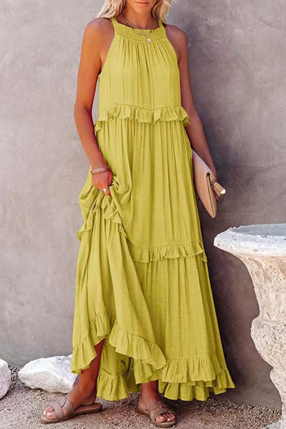 Orchid Petal Ruffle Hem Pleated Flowy Maxi Dress