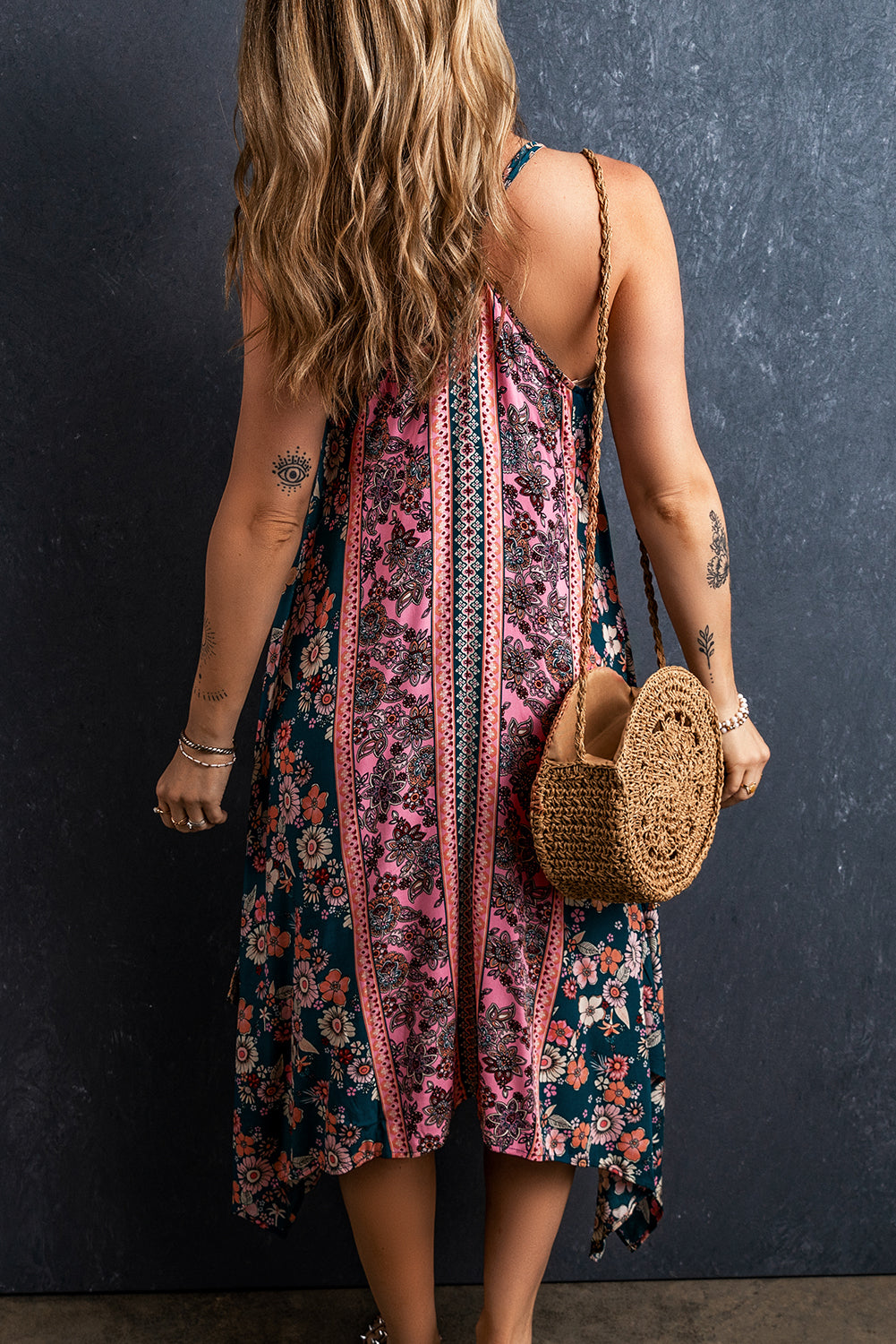 Pink Bohemian Floral Patchwork Print Midi Sundress